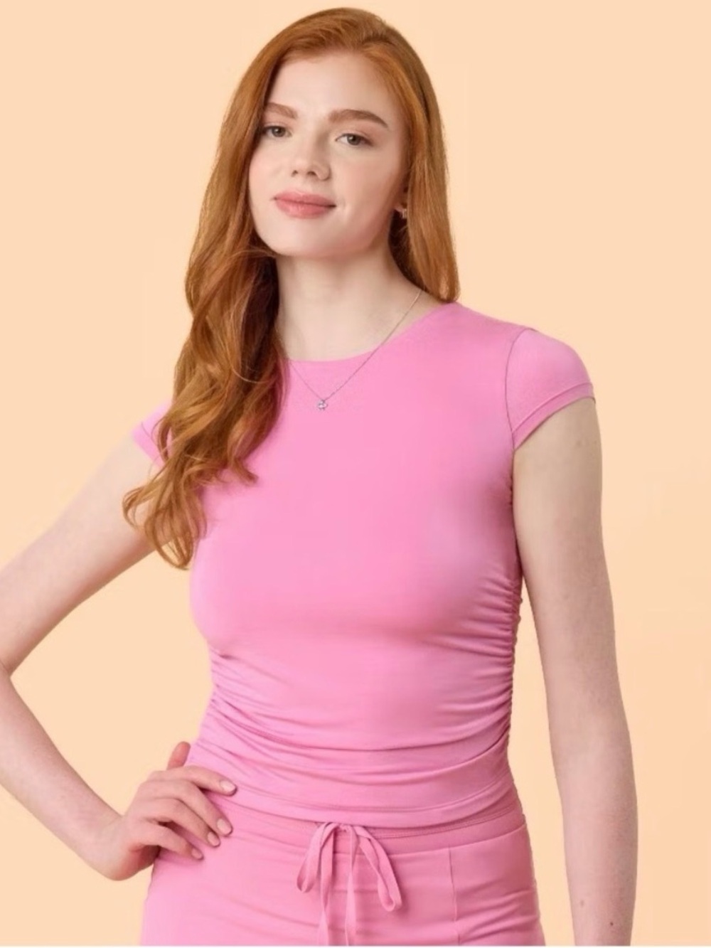 Blogilates Women's Pink Cap Sleeve Ruched Tee - Classic Fit